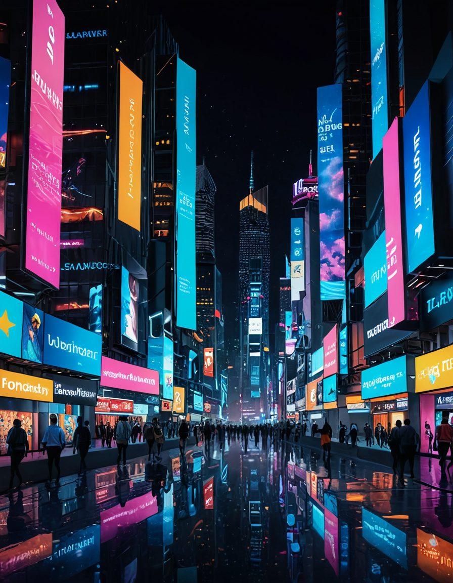A futuristic cityscape featuring illuminated electronic stub displays showcasing vibrant information and advertisements. The scene is bustling with diverse people interacting with the displays, emphasizing transparency and accessibility. Neon colors and digital screens create a dynamic atmosphere, with a night sky and twinkling stars in the background. The architecture is sleek and modern, symbolizing innovation in technology. super-realistic. vibrant colors. night scene.