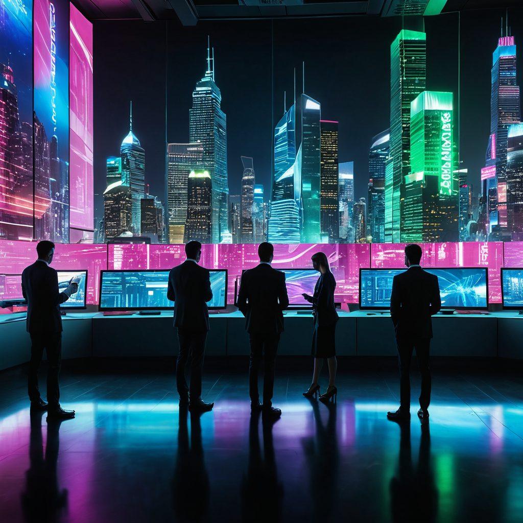 A futuristic financial landscape showcasing a digital interface displaying electronic stubs, with diverse people interacting seamlessly through holographic screens. The background features a city skyline with advanced technology elements, representing a connection between traditional finance and the digital future. Include vibrant colors to depict innovation and an atmosphere of progress. cyberpunk. vibrant colors. 3D.
