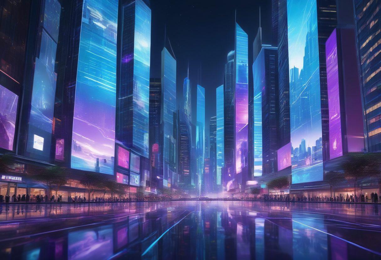 A futuristic cityscape with glowing digital screens displaying various online stub viewers, people interacting with holographic interfaces, and a navigational map overlay guiding viewers through the digital realm. The atmosphere should be vibrant and technologically advanced, with a blend of blues and purples highlighting the digital aspect. super-realistic. vibrant colors. 3D.